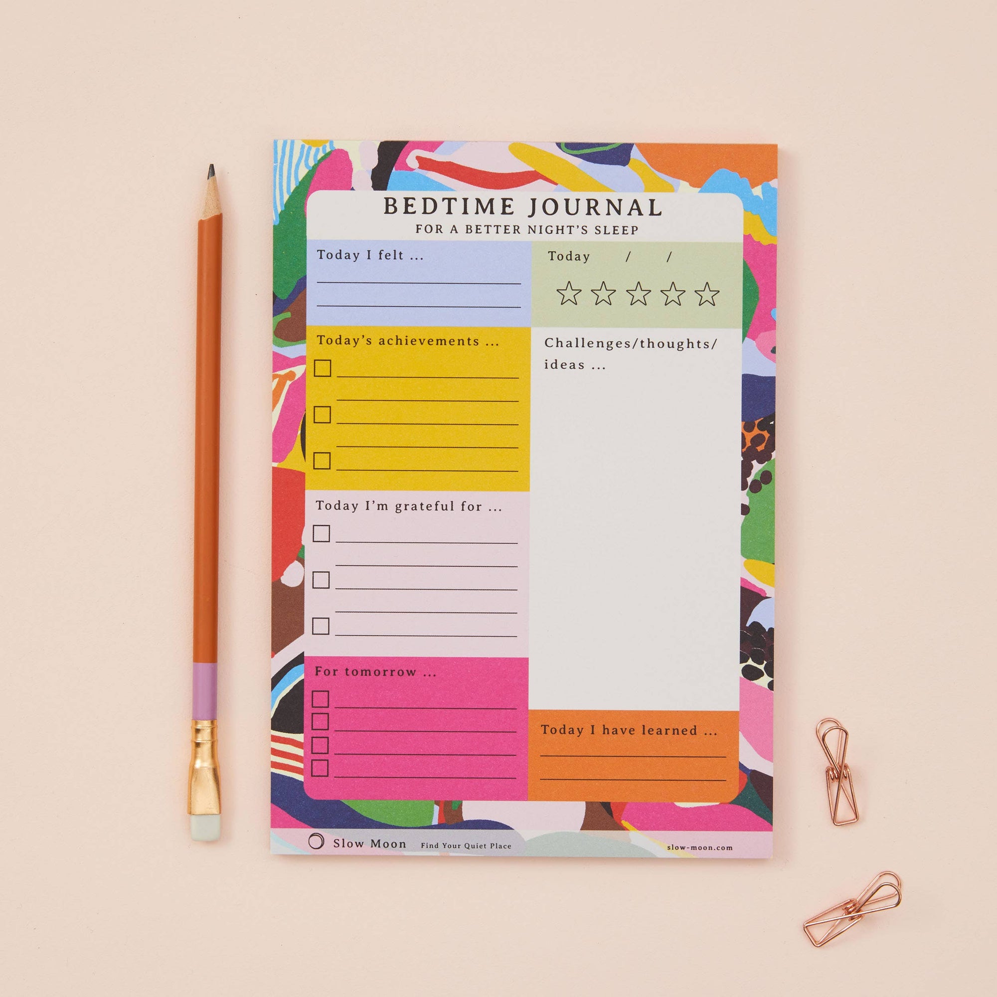 A colorful Bedtime Journal with sections for writing,