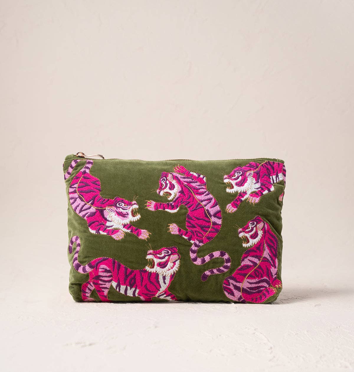 pink tigers green velvet pouch