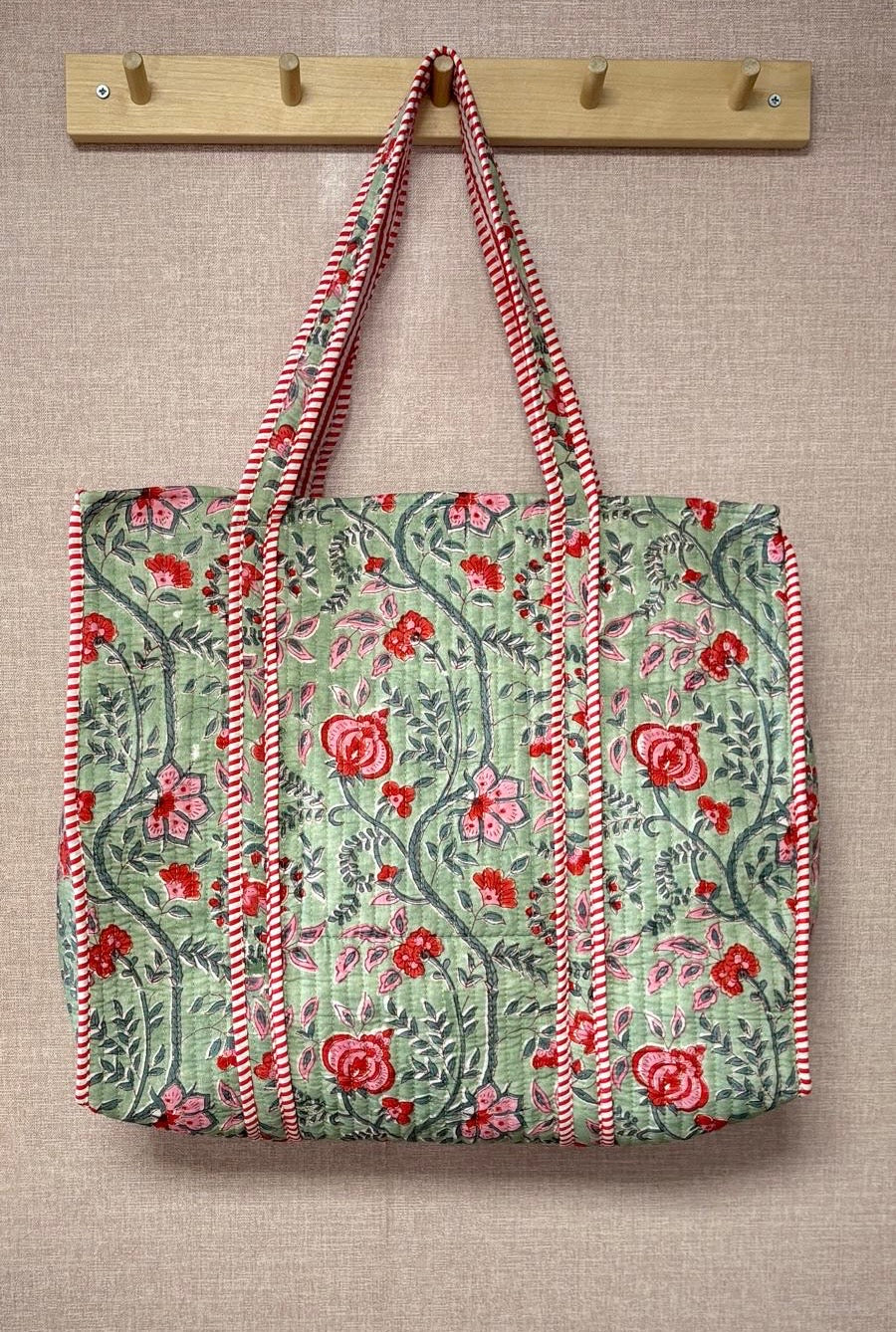 Quilted Tote Bag - Green, Pink and Red Floral