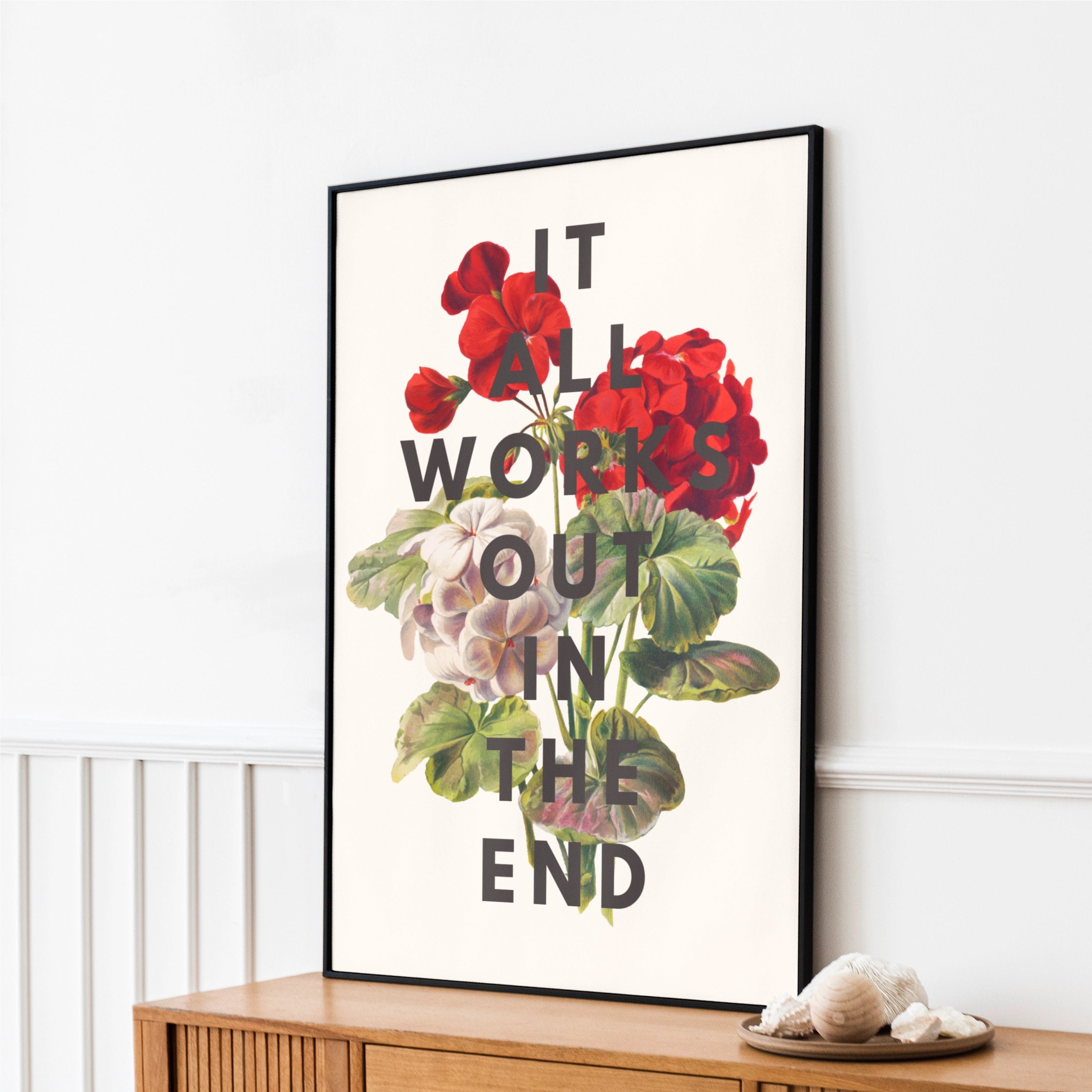 wall art beautiful flowers with motivational typography it all works out in the end