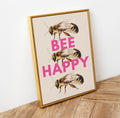 print with bees and 'BEE HAPPY' text in bright pink