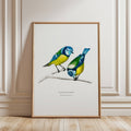 Framed artwork of two birds on a branch illustrated by Charles Dessalines D'Orbigny against a white background