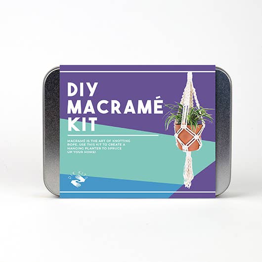 DIY Macramé kit packaging with a plant hanger illustration on a white background