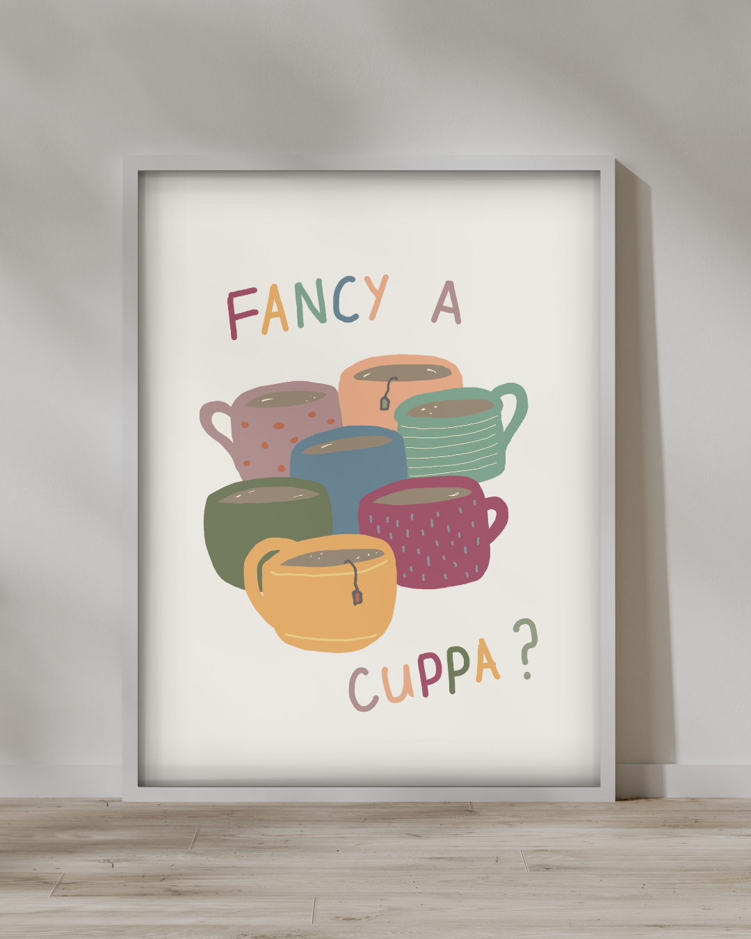 colourful cups - kitchen print -fancy a cuppa - tea cups print