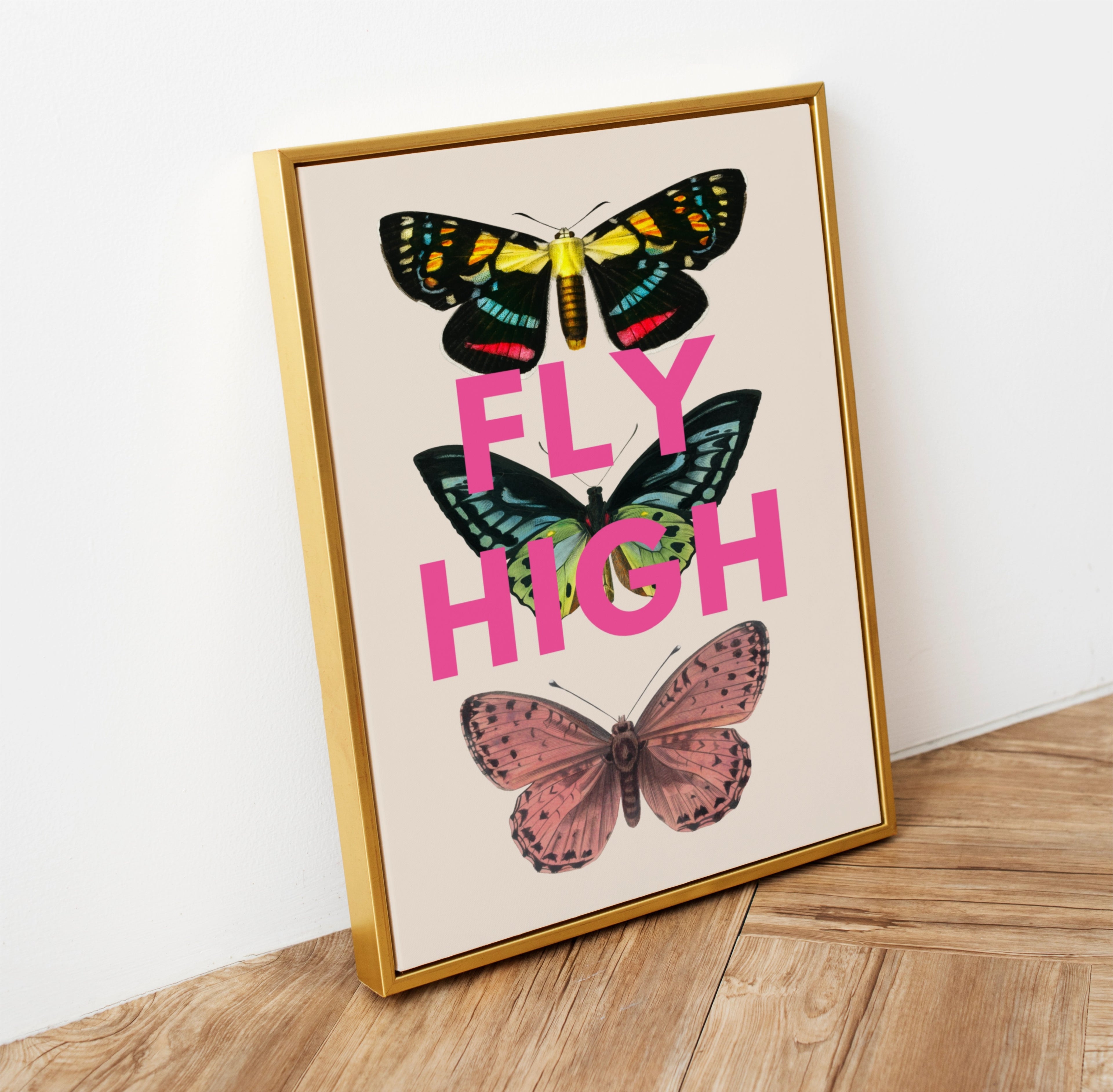 Print with vintage butterflies and 'FLY HIGH' text in bright pink