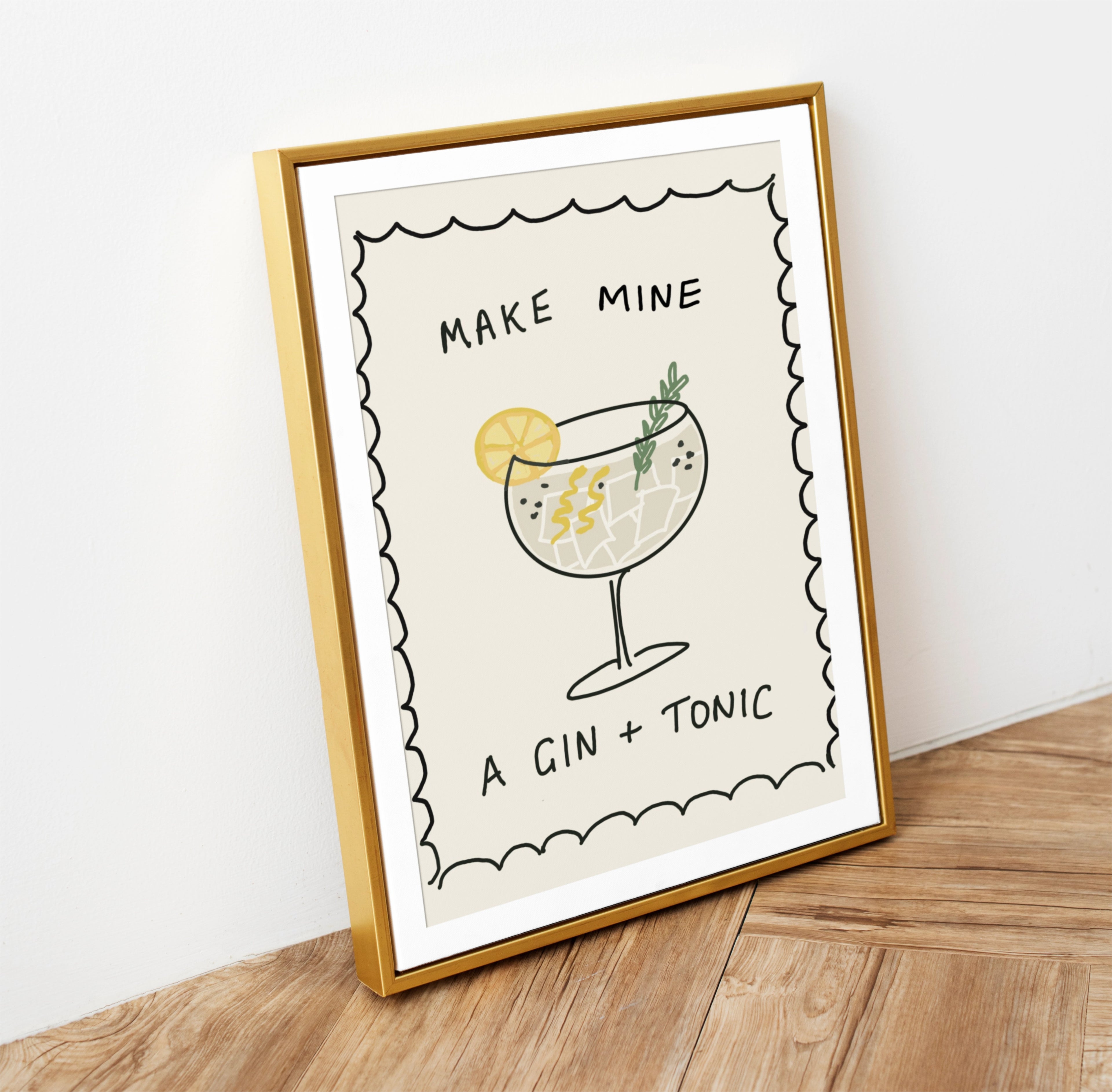  artwork with a gin and tonic illustration and text make mine a gin & tonic