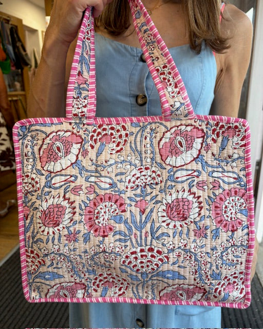 Floral Small Quilted Cotton Tote Bag with Zip in Blush Pink