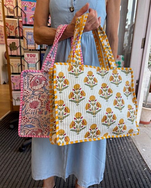 Floral Small Quilted Cotton Tote Bag with Zip in Blush Pink