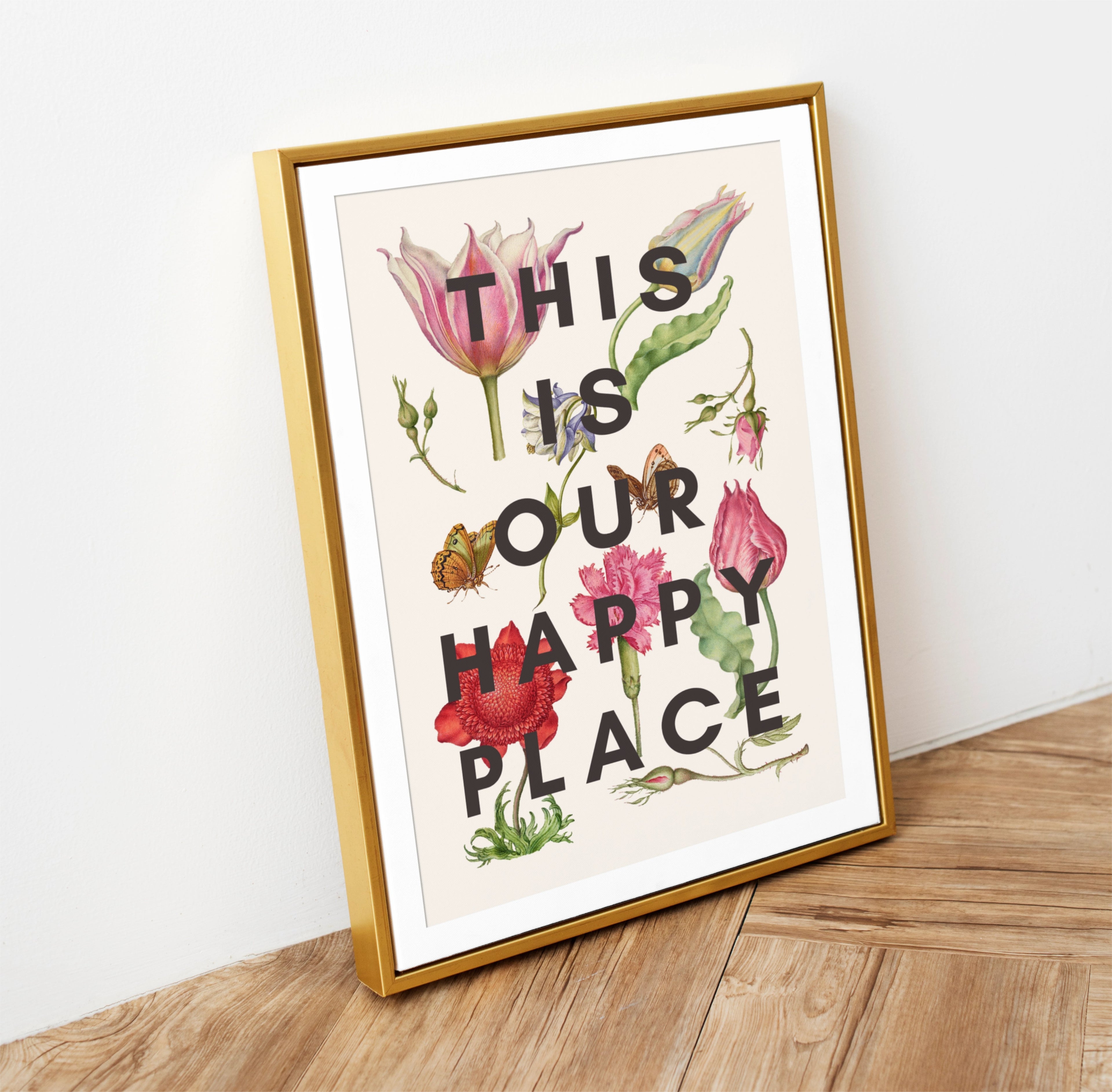 floral print with this is our happy place in bold type