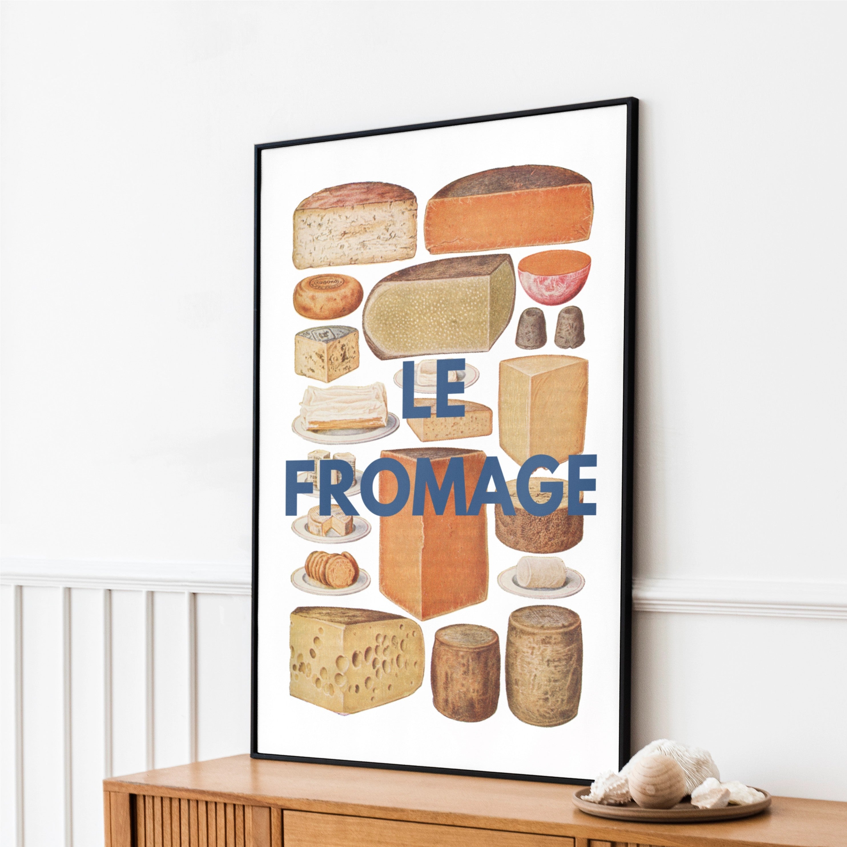 Framed artwork of various cheeses with 'LE FROMAGE' text kitchen print