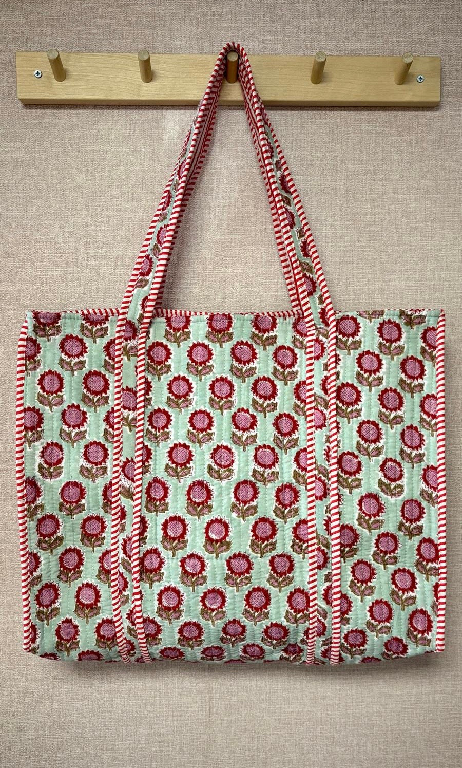 Quilted Tote Bag - Green with Pink Flowers