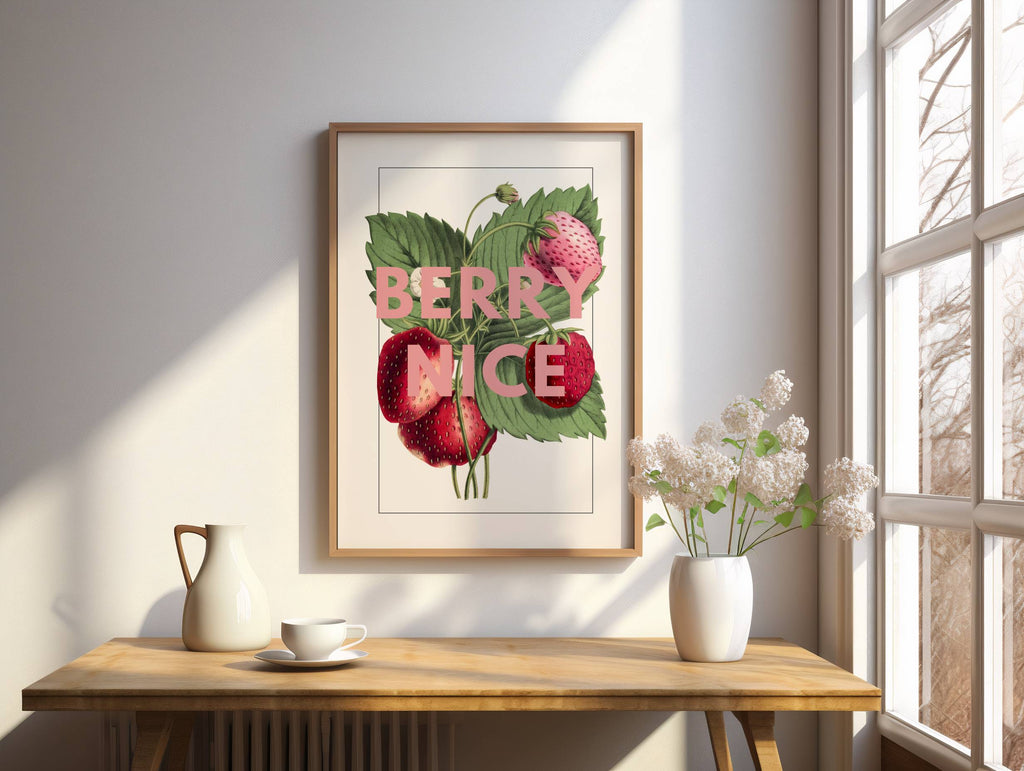 Berry Nice – Vintage Strawberry Illustration Print with Bold Typography