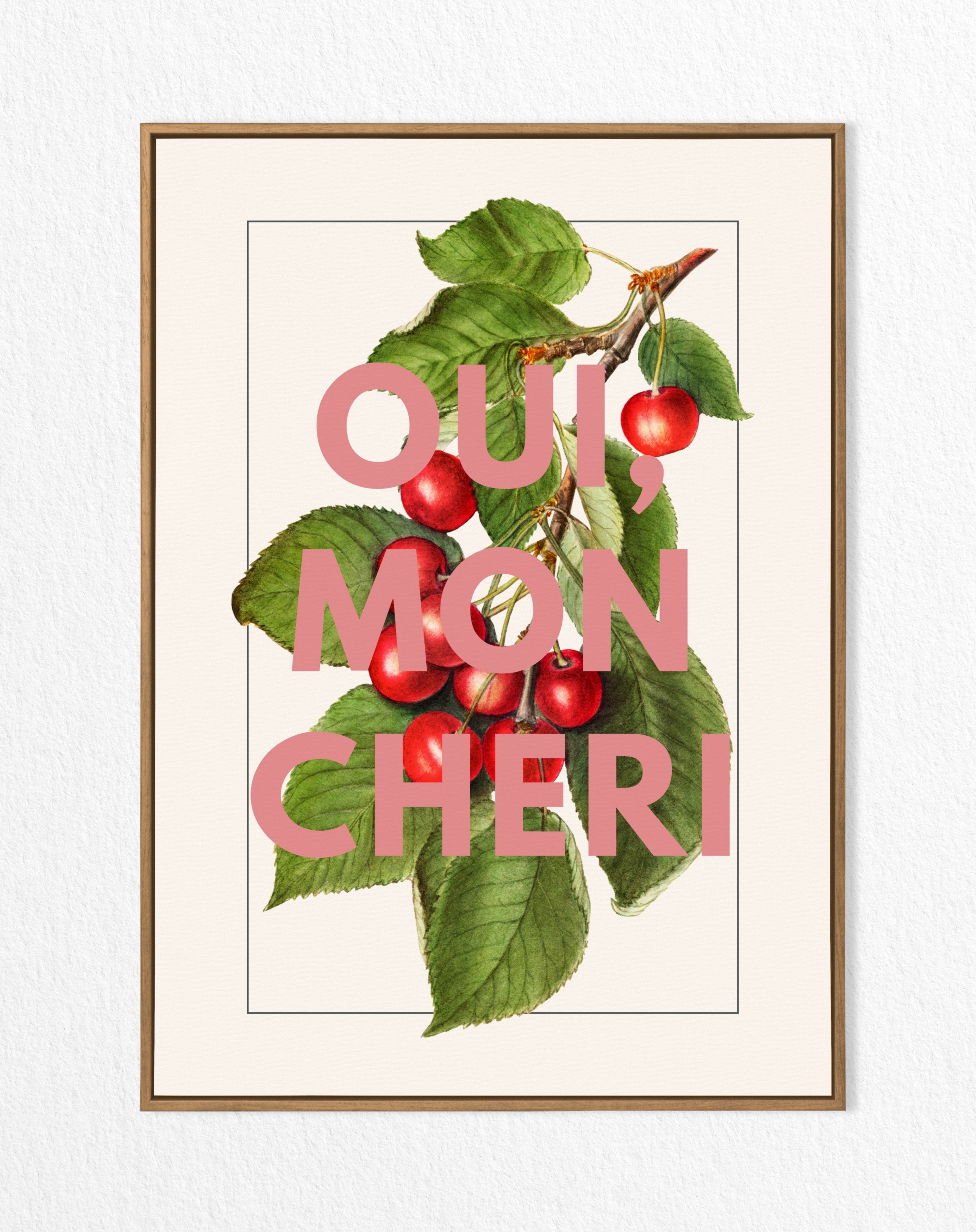 Oui, Mon Chéri – Vintage Cherry Illustration Print with Bold Typography