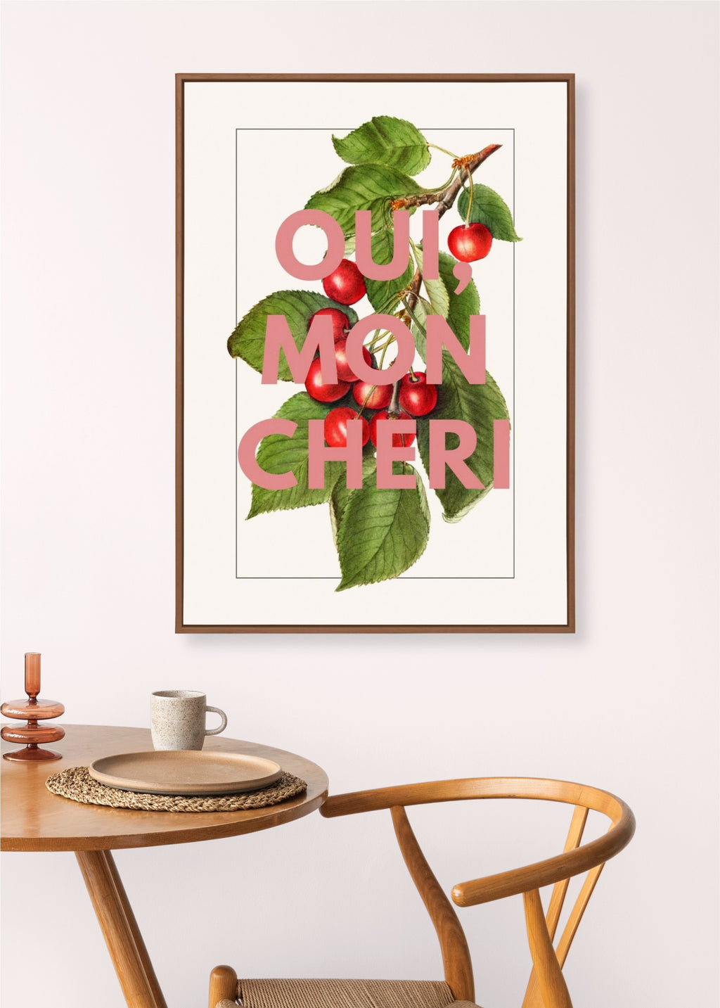 Oui, Mon Chéri – Vintage Cherry Illustration Print with Bold Typography