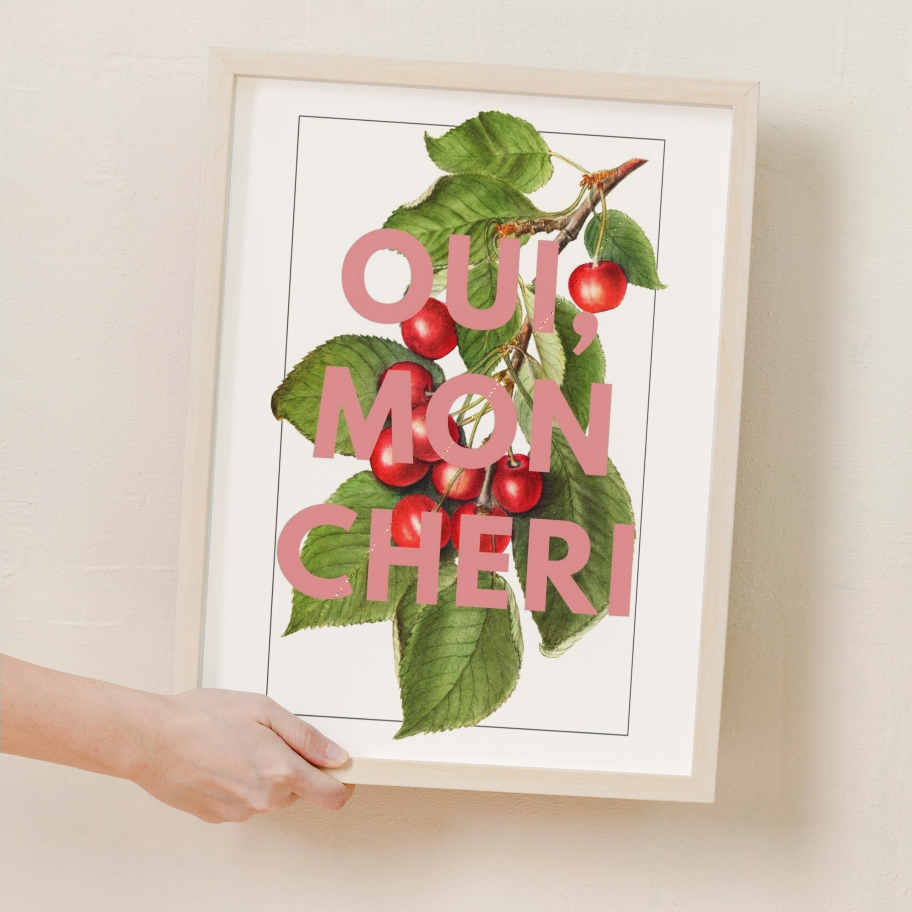 Oui, Mon Chéri – Vintage Cherry Illustration Print with Bold Typography