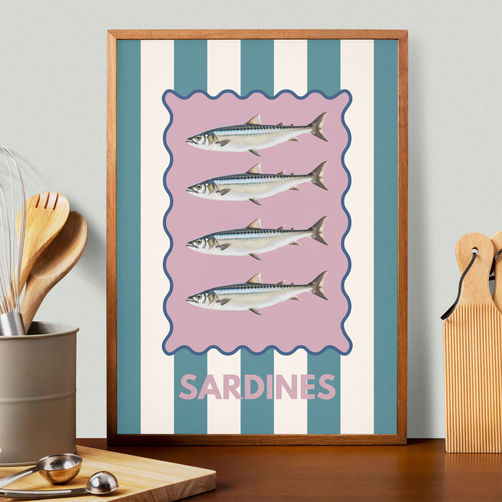 Sardines Teal and white Stripe Kitchen Print