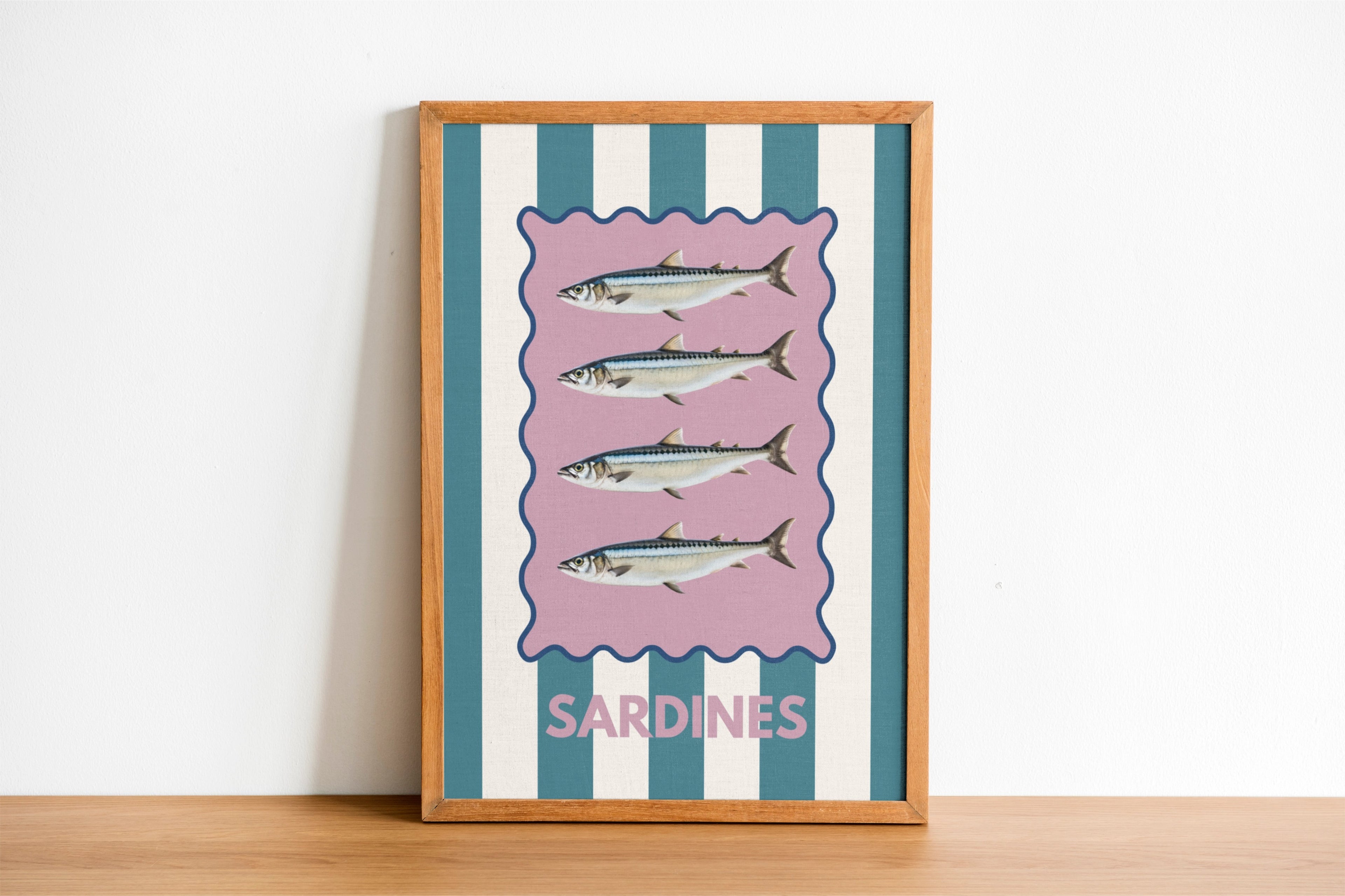 Sardines Teal and white Stripe Kitchen Print