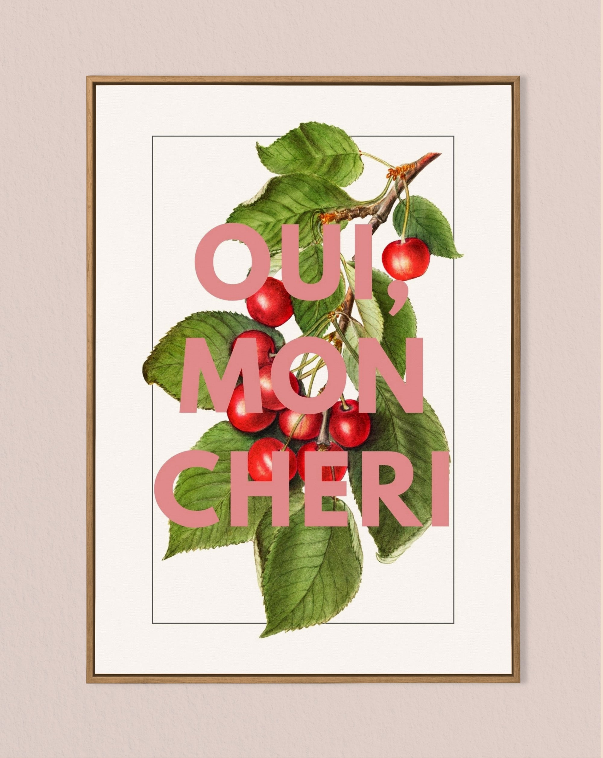 Oui, Mon Chéri – Vintage Cherry Illustration Print with Bold Typography