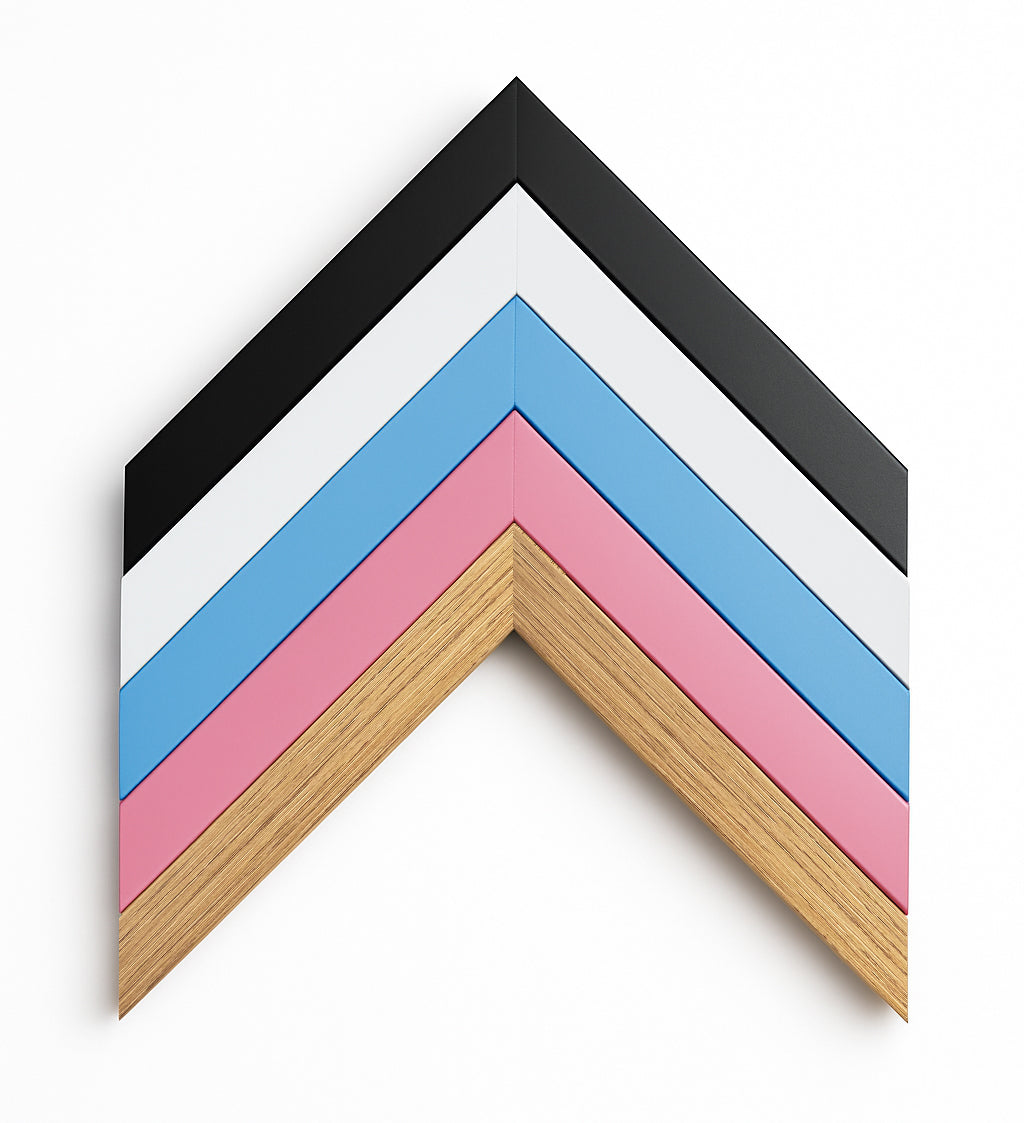 frames in colours black, white, oak, pink and blue 