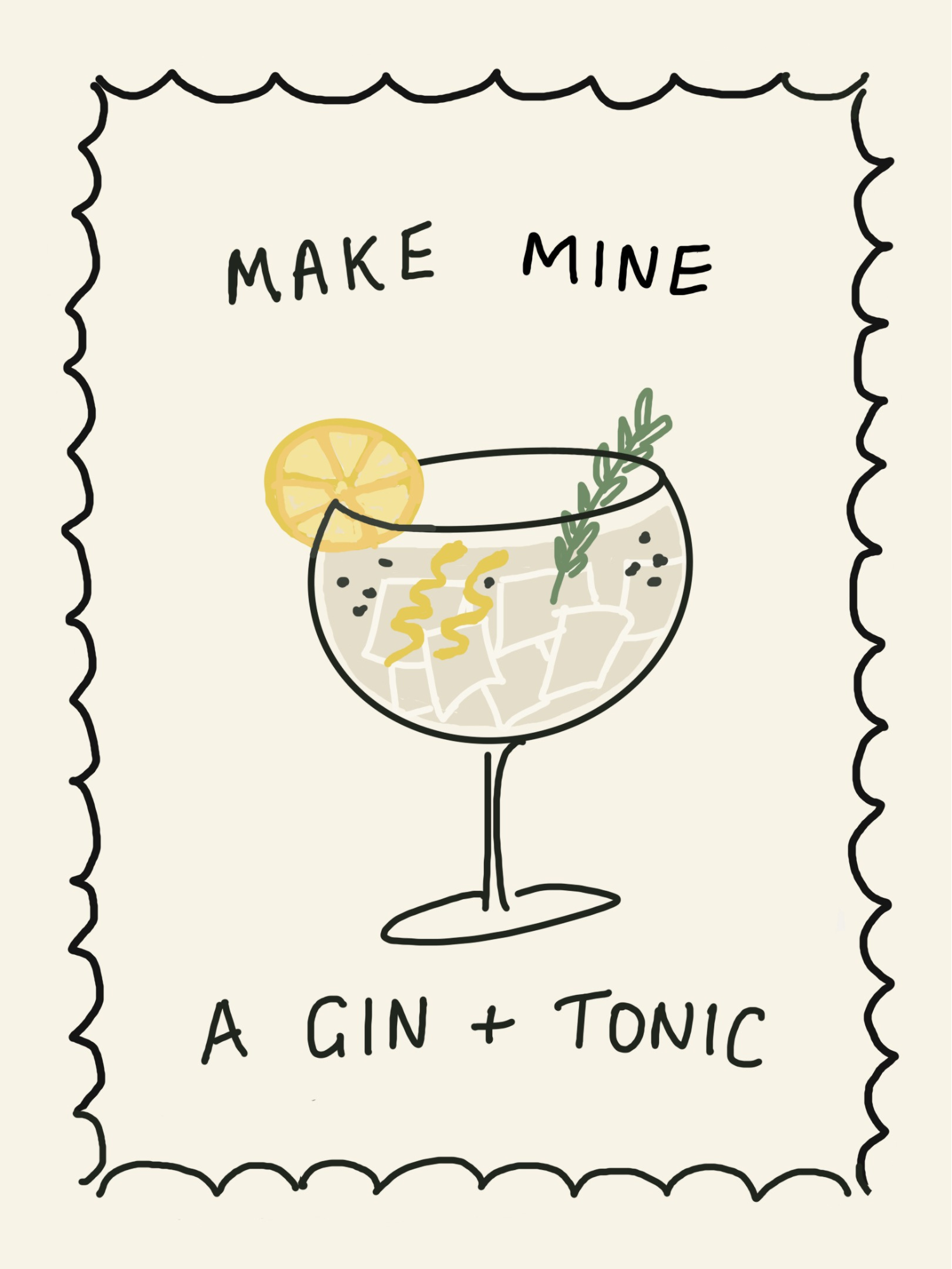 Illustration of a gin and tonic with text 'Make mine a Gin + Tonic' on a beige background.