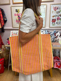 Quilted Tote Bag - Pink and Orange Stripe