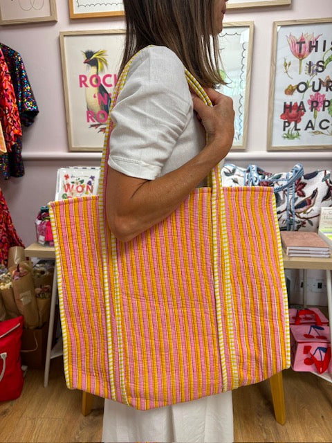 Quilted Tote Bag - Pink and Orange Stripe