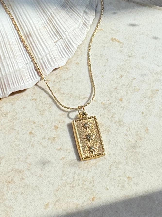 Gold Textured Rectangular Pendant Necklace with 3 Star Accents