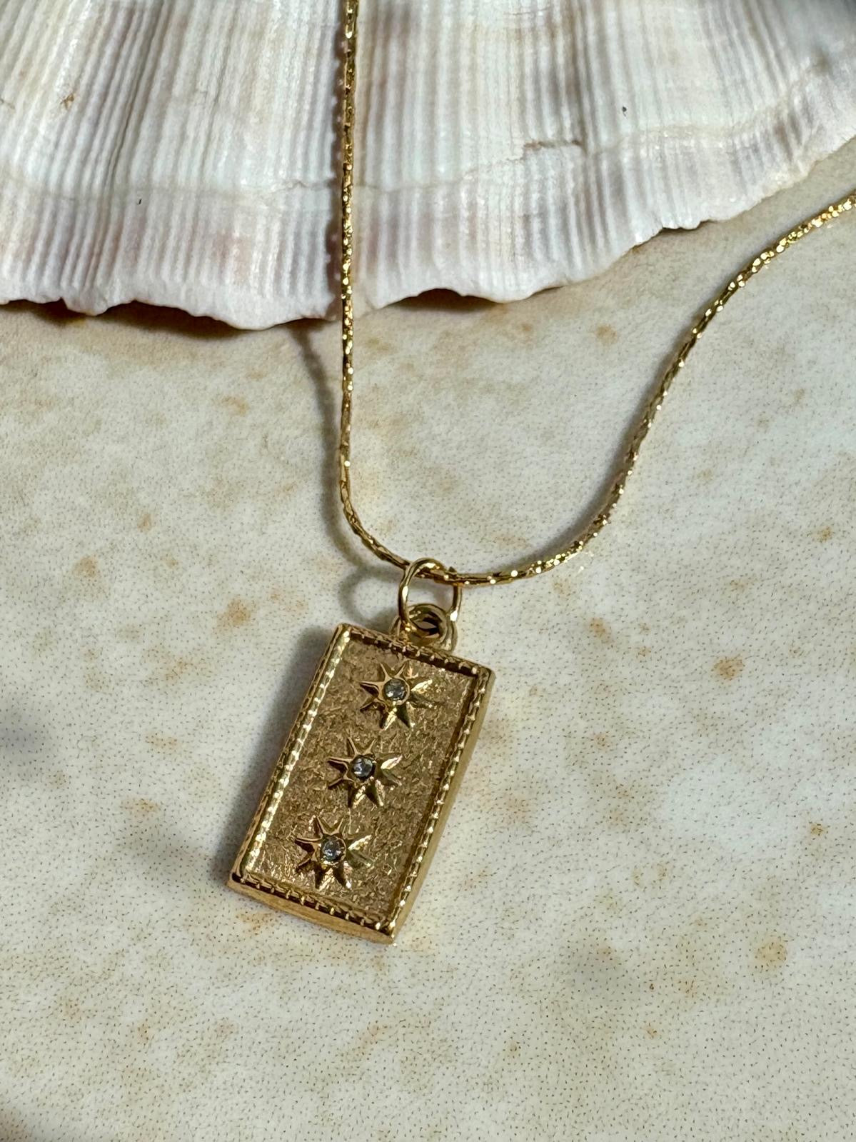 Gold Textured Rectangular Pendant Necklace with 3 Star Accents