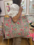 Quilted Tote Bag - Green, Pink and Red Floral