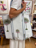 Quilted Tote Bag - White with Palm Trees