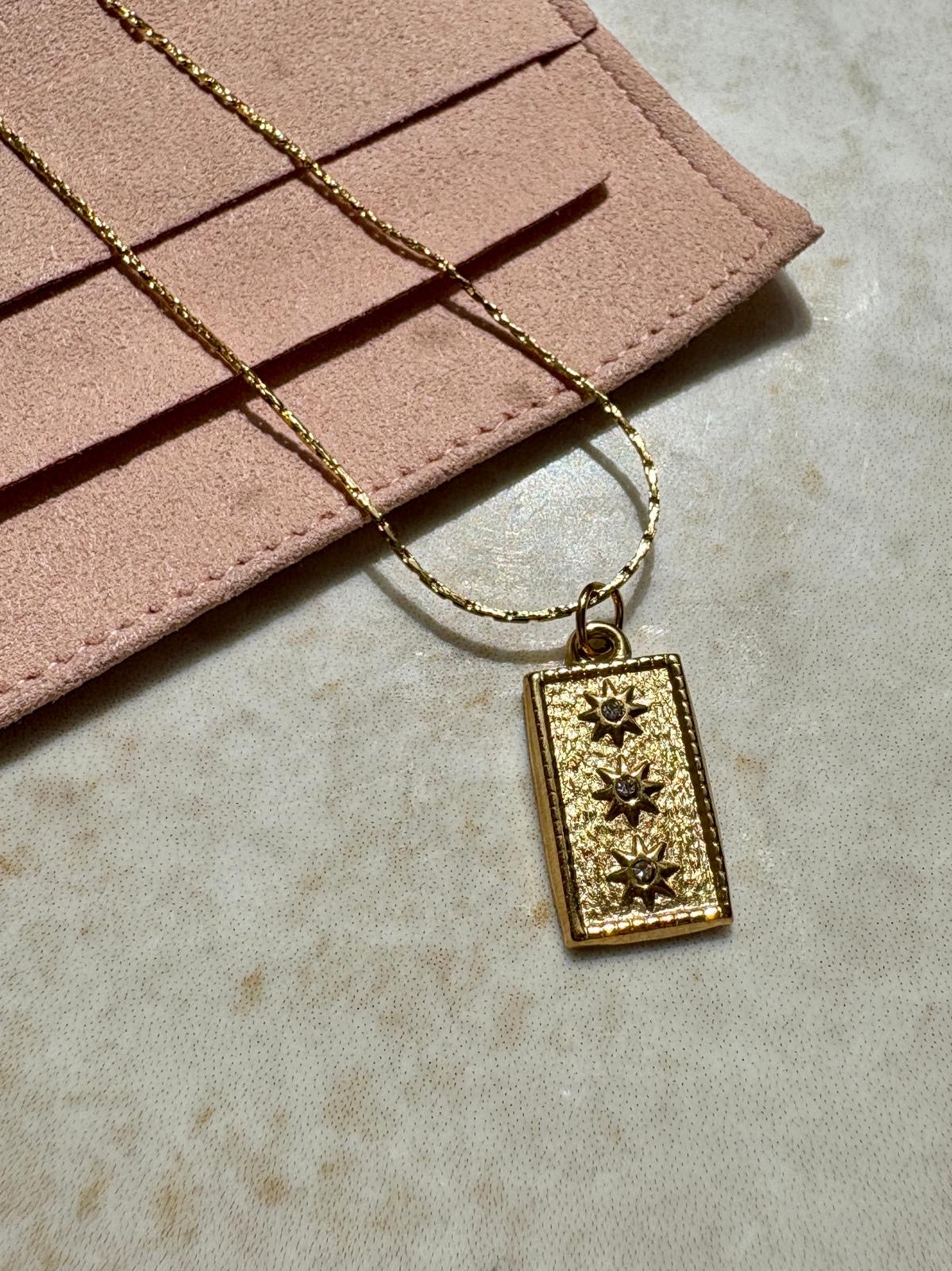 Gold Textured Rectangular Pendant Necklace with 3 Star Accents