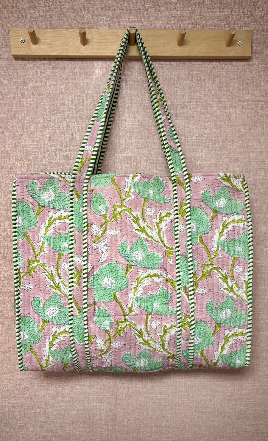 Quilted Tote Bag - Green, Pink and White Floral
