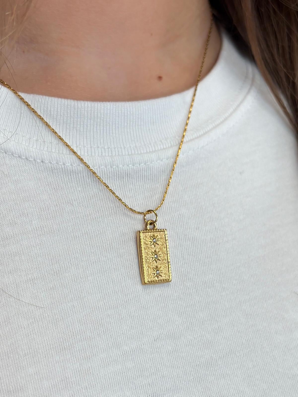 Gold Textured Rectangular Pendant Necklace with 3 Star Accents