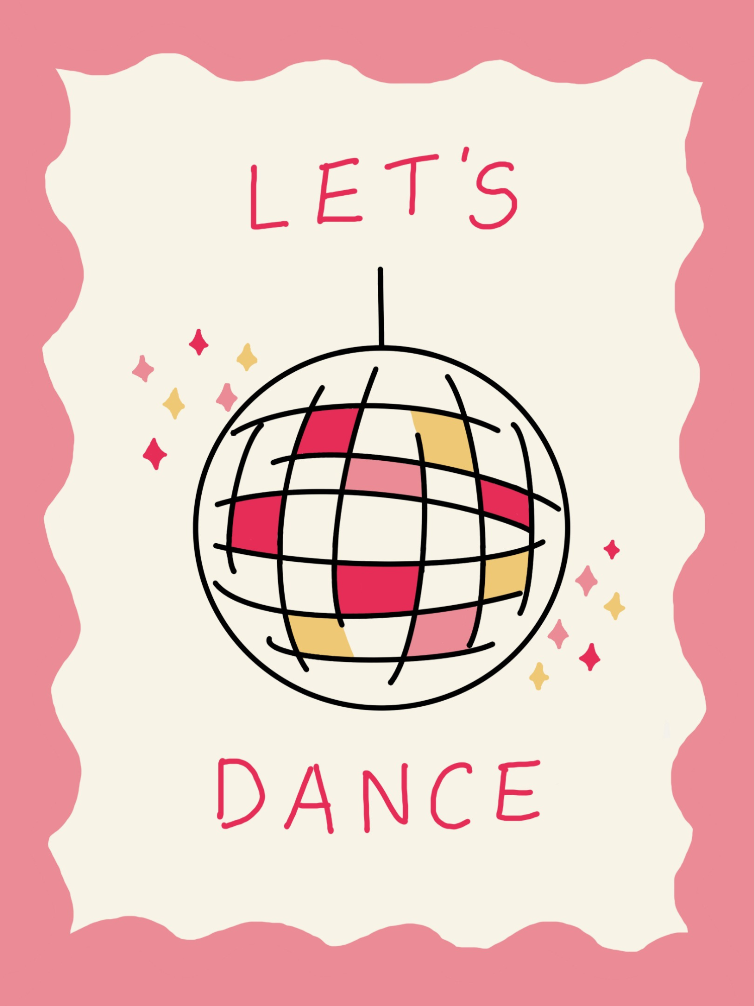 Pink background with disco ball illustration and 'Let's Dance' text