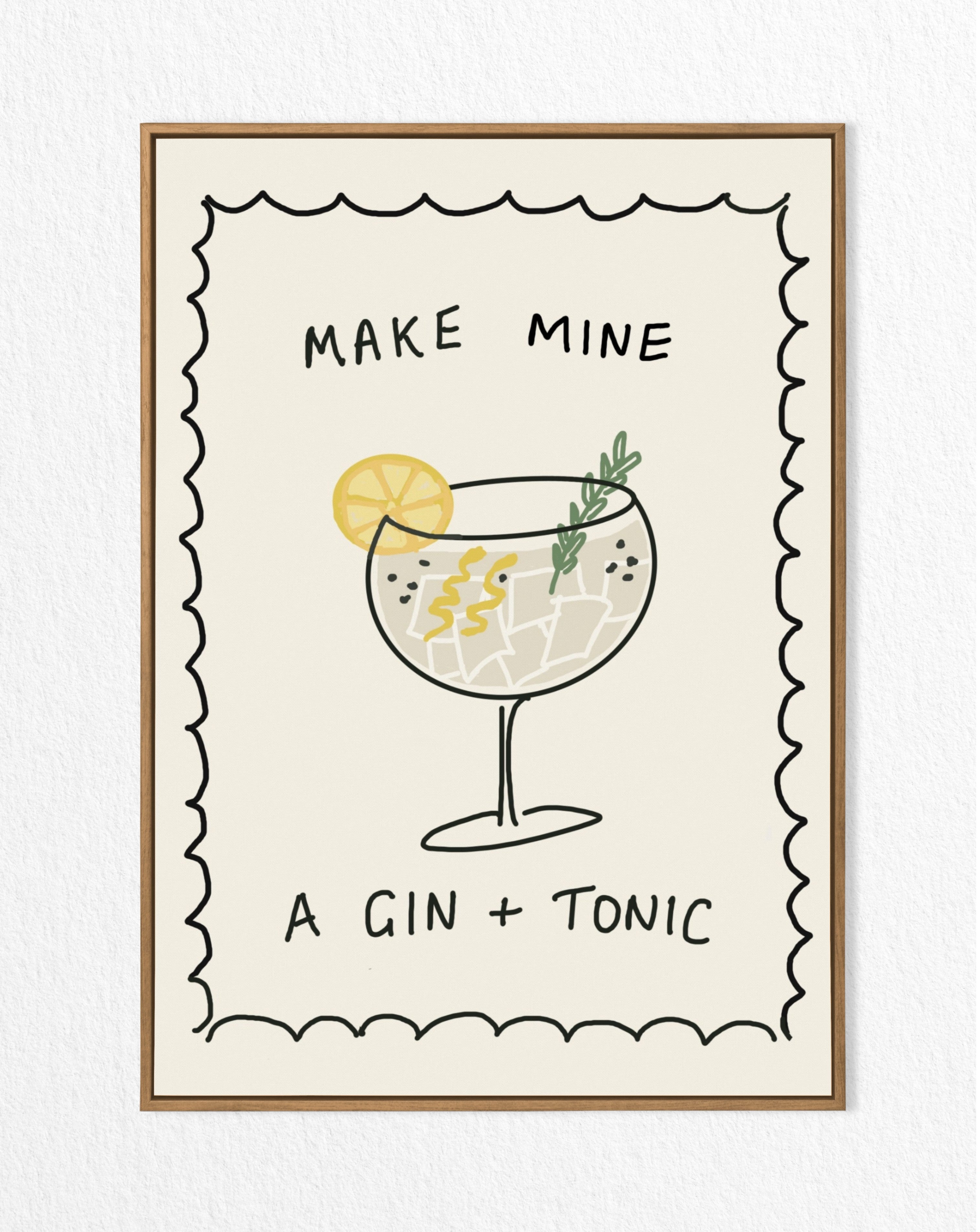 artwork with a gin and tonic illustration and text on a white background make mine a G & T