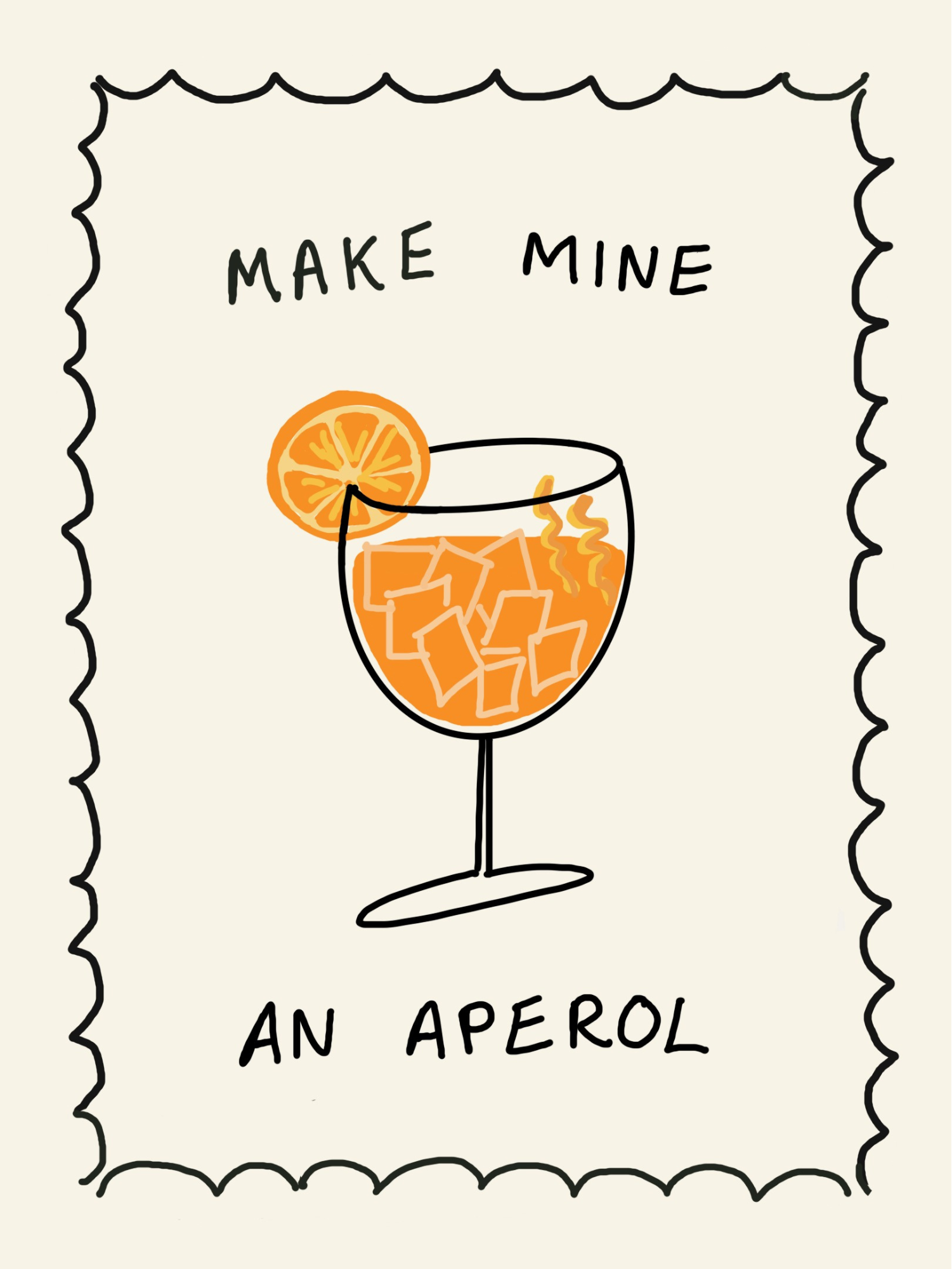 Illustration of a cocktail glass with an orange slice and text 'Make mine an Aperol' on a beige background.