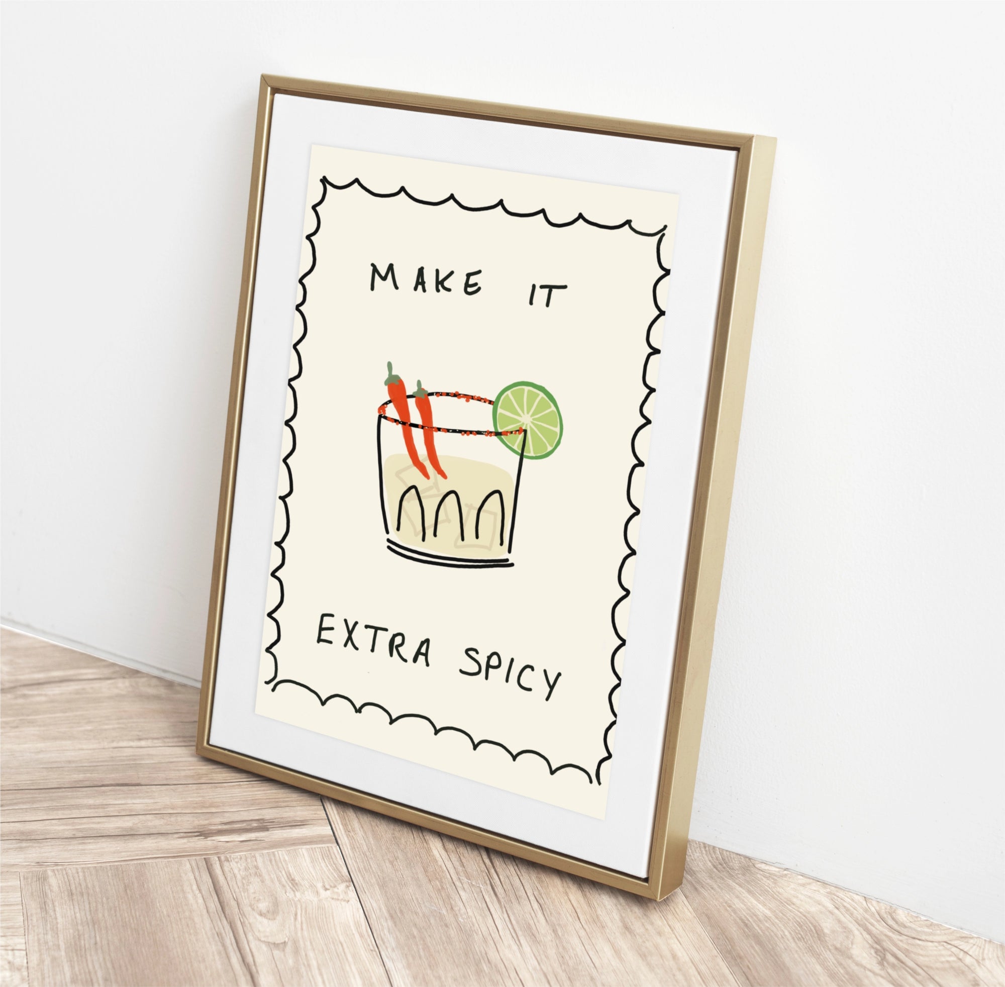 print with a cocktail illustration and text 'Make it extra spicy' margarita with lime and chilli