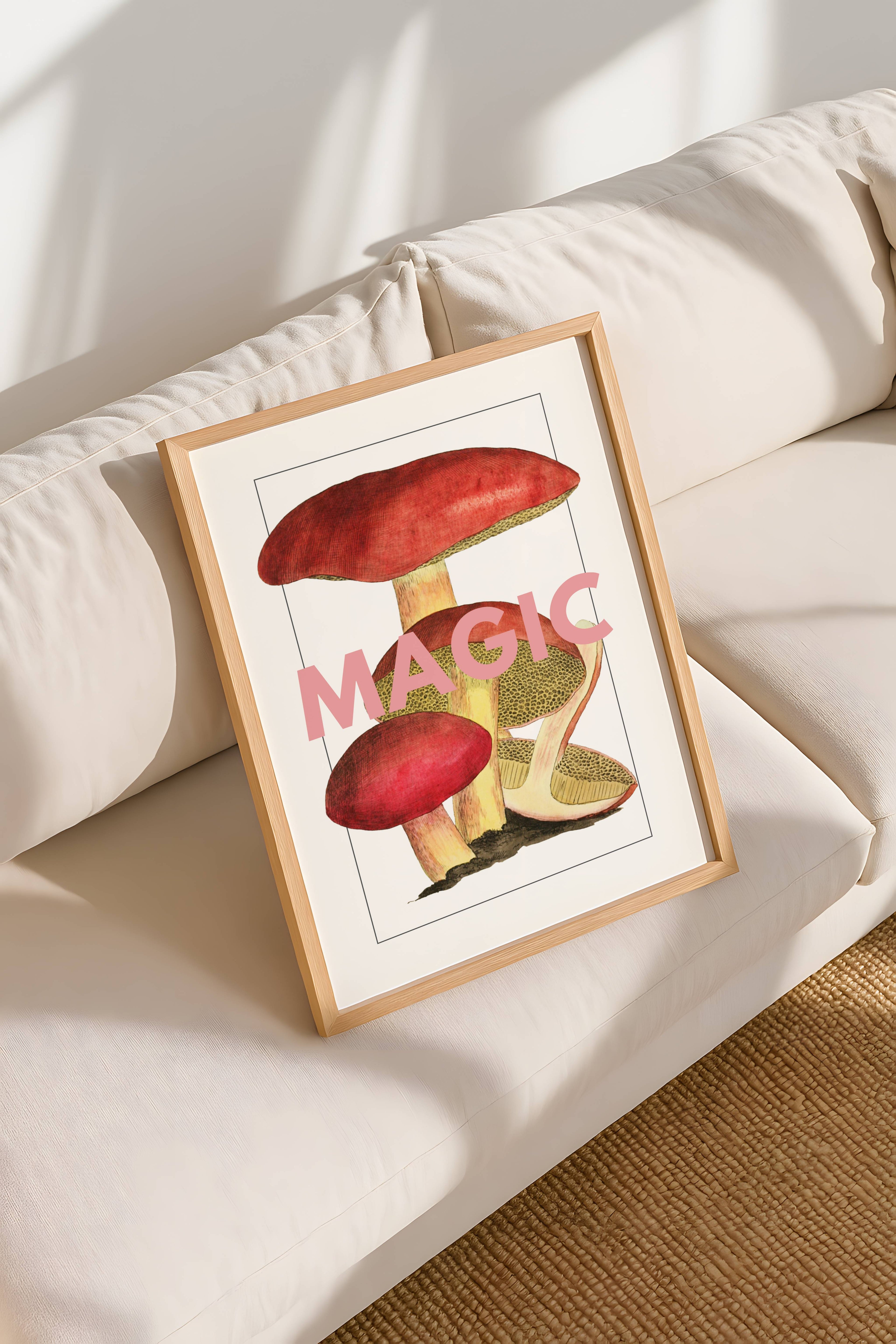 Framed illustration of mushrooms with 'MAGIC' text on a white surface
