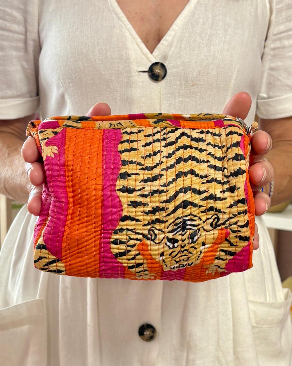 tiger orange and pink wash bag