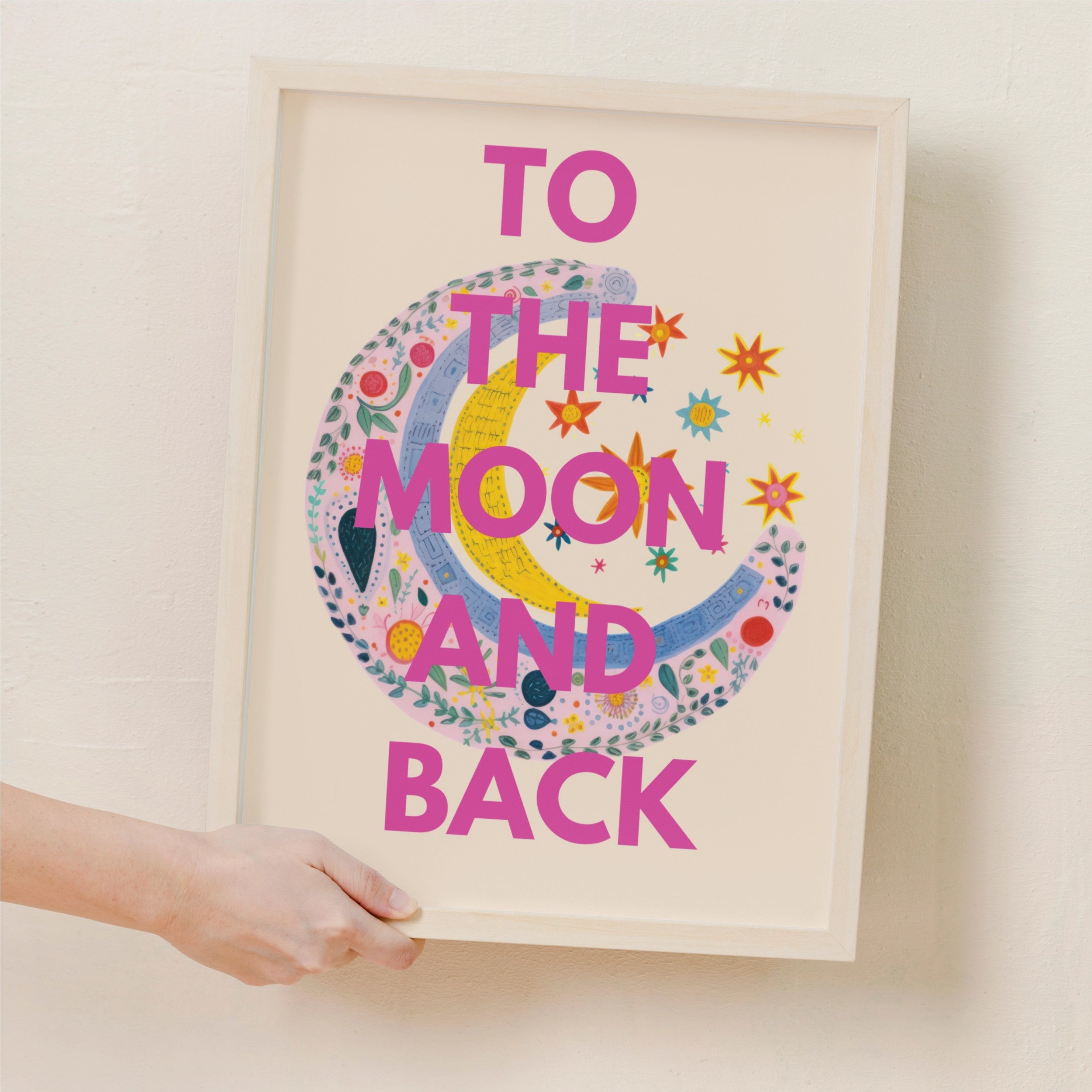 to the moon and back scandi style drawing moon and stars, colourful