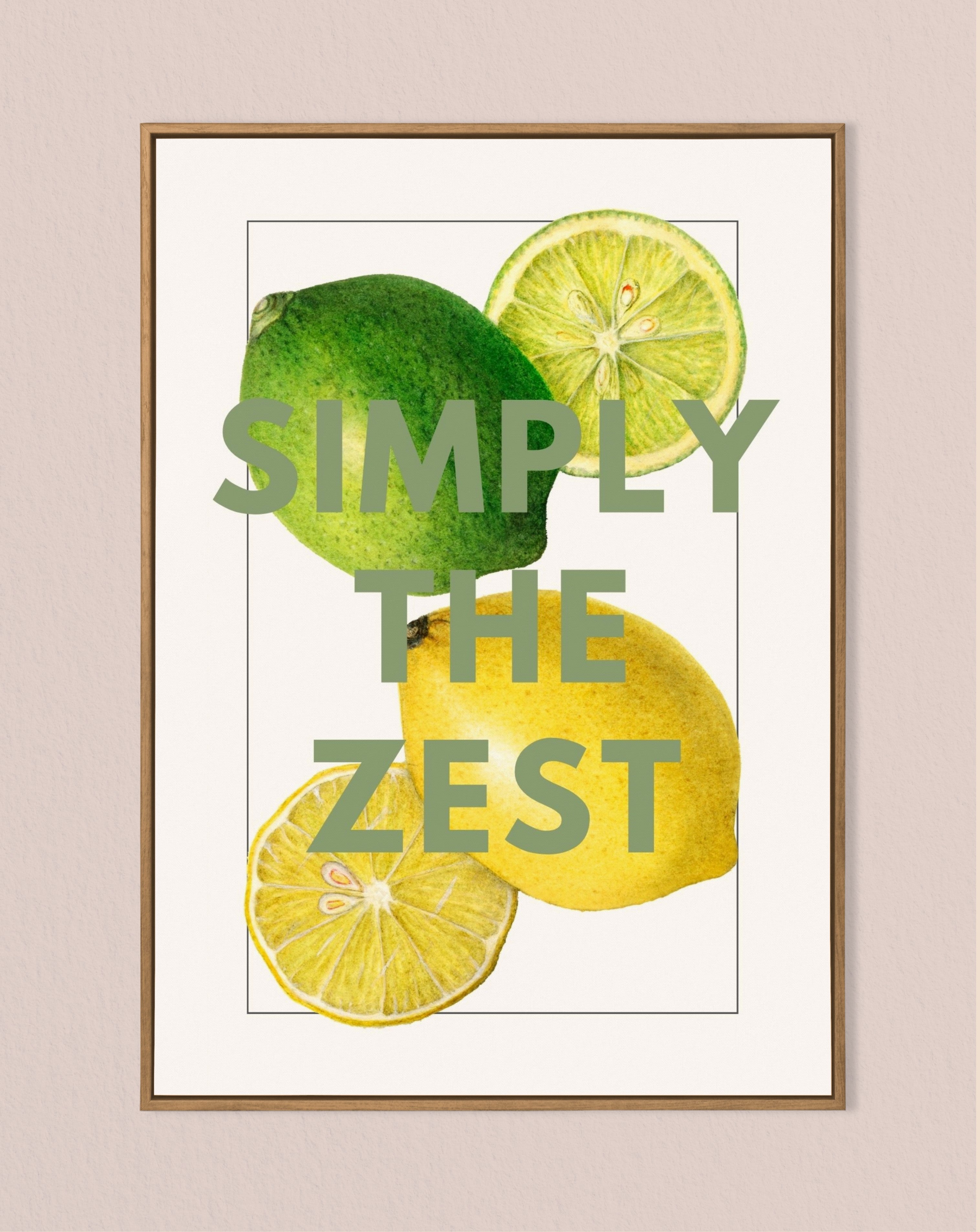A vintage-style print featuring sliced lemons and limes with the text 'Simply the Zest' in a bold, green, serif typeface on a white background, 