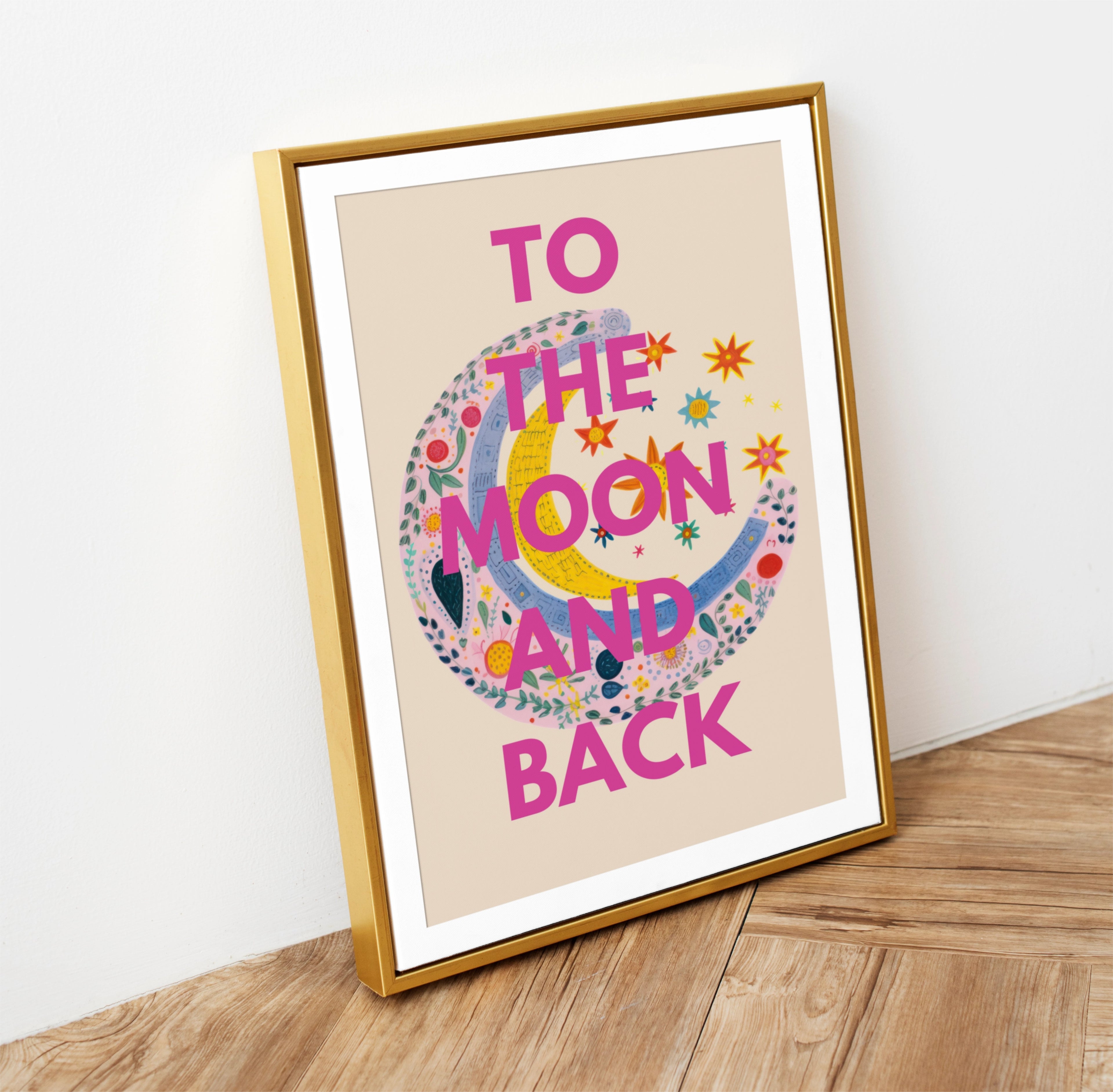 nursery print, kids room print, colourful print, moon pinks and blues, colourful stars