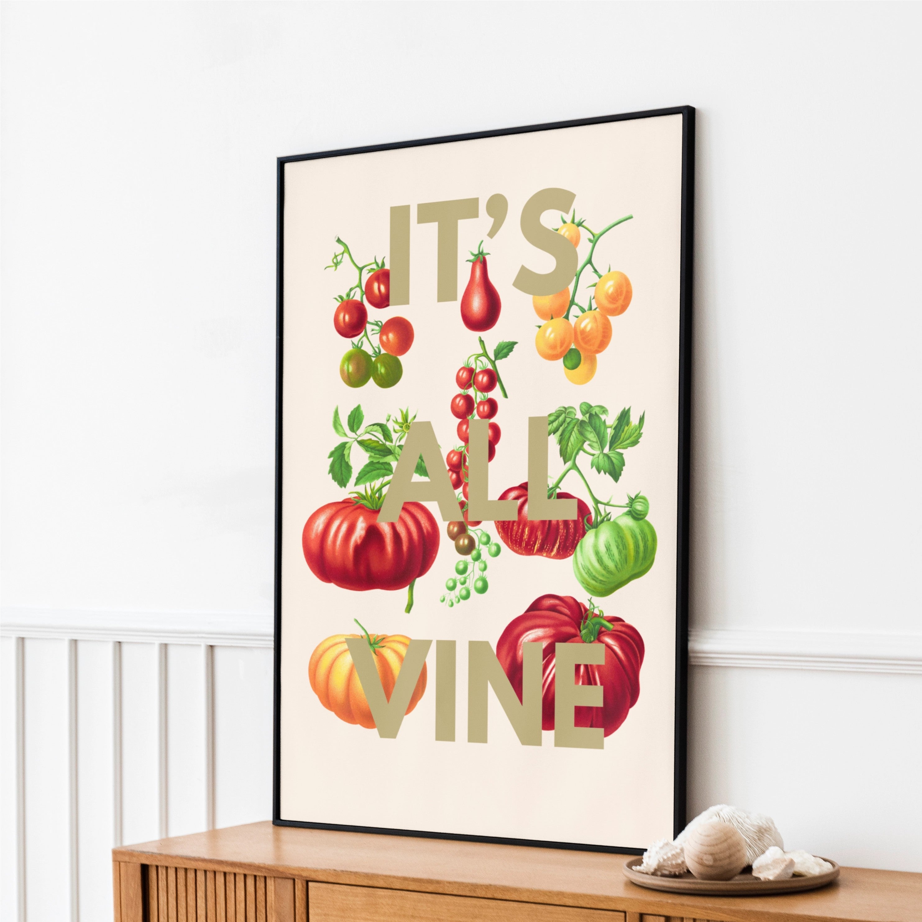 vintage tomatoes on a print with typography it's all vine
