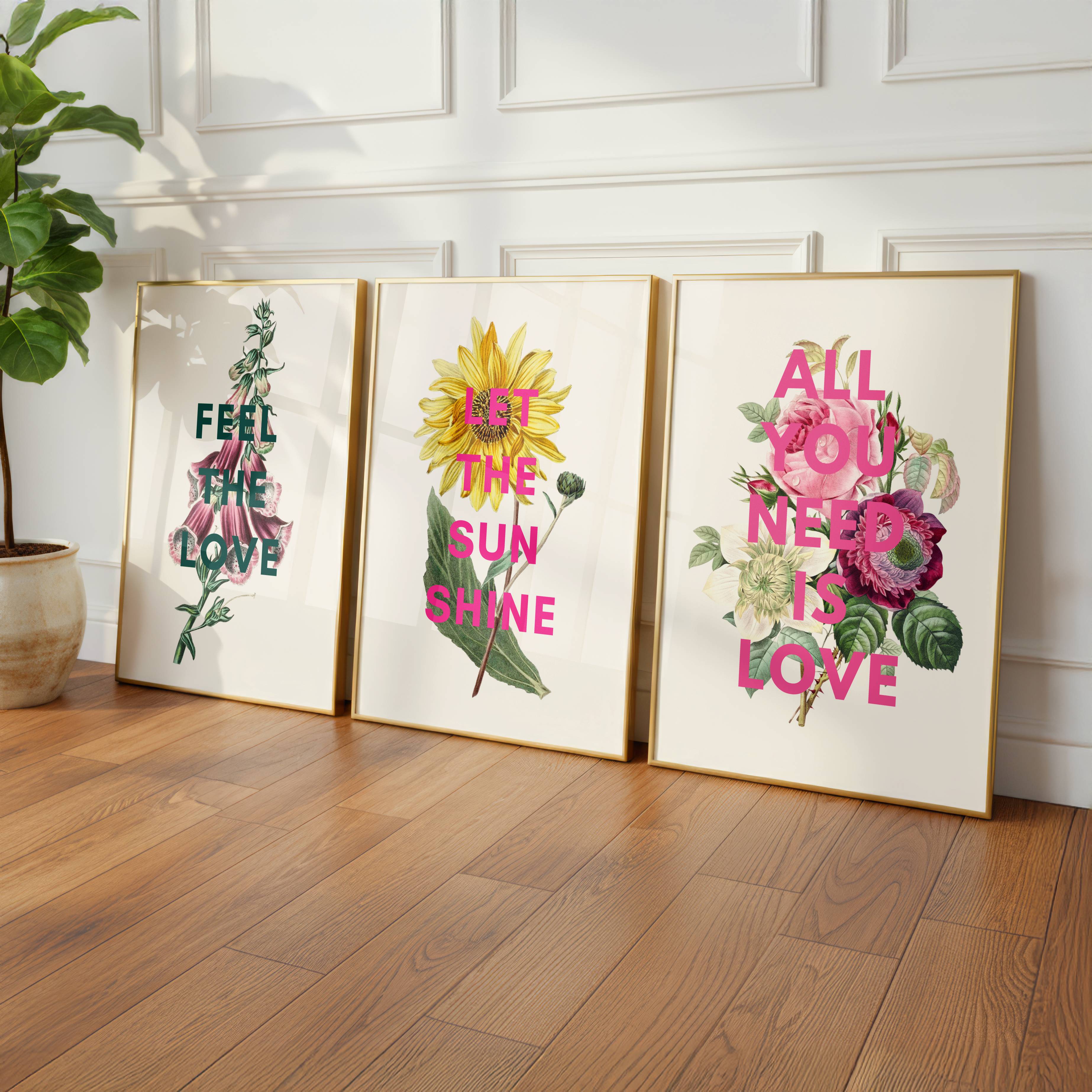 3 prints with motivational words over vintage flowers